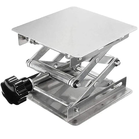 Stainless Steel Lab Jack Lift Stand 8x8in Platform With Adjustable Height shown in silver with adjustment knob visible.