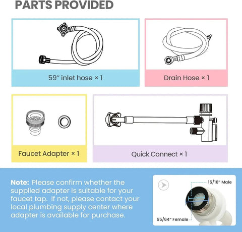 Parts provided for Countertop Energy Star Dishwasher With 6 Place Settings And 8 Programs For Dorms, including hoses and adapter.
