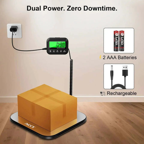 Beefy 440Lb Postal Scale with Stainless Steel Platform Tare Hold and Counting Functions, dual power options shown
