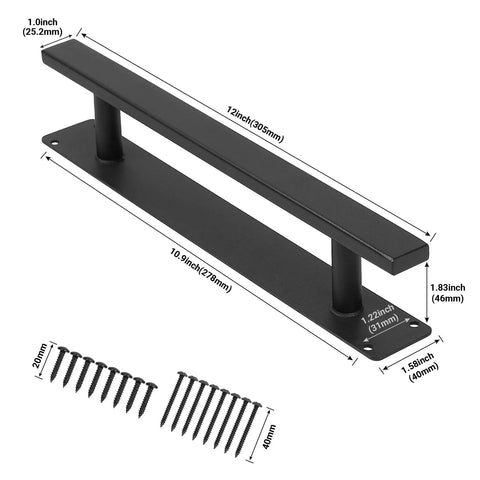 Heavy Duty 12 Inch Metal Gate Pull Handles Pack Of 2 In Matte Black Iron Finish with screws shown from side angle