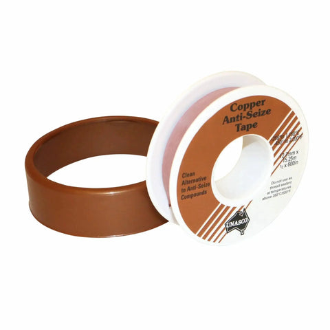 Copper Anti Seize Tape For Threads Three Quarters Inch By Fifty Feet PTFE Resin With Metal Flakes Roll on white background