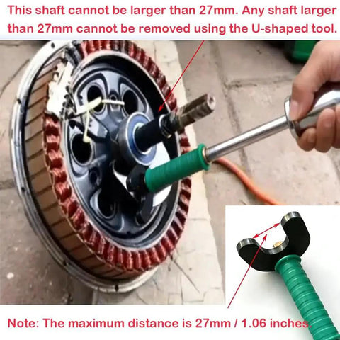 Internal Bearing Puller Tool With Double Headed Slide Hammer U Shaped Disassembly Claw in use on a bearing shaft.