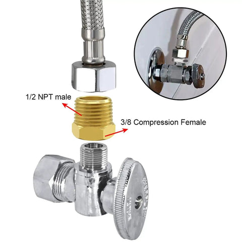 Diagram showing Half Inch NPT Male To Three Eighths Inch Compression Female Brass Reducer Pipe Fitting for faucets and water lines.
