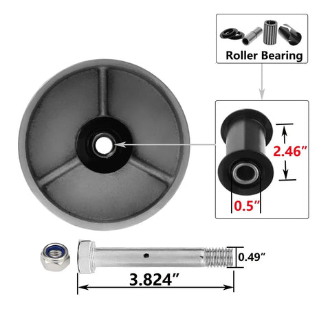 Heavy Duty Steel Cast Iron Wheel Swivel Caster components featuring a roller bearing and bolt dimensions for Tool Box and Workbench use.