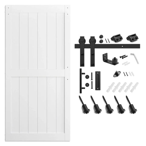 White Primed MDF Sliding Barn Door 40 Inch By 84 Inch With Waterproof PVC Coating Non Bending Construction Ready To Assemble Includes Black Seven Foot Sliding Door Hardware Kit And Handle Pre Drilled H Frame