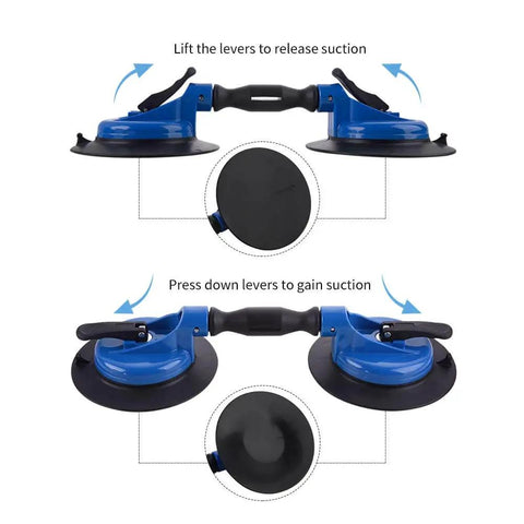 Heavy Duty Vacuum Suction Cup Lifter 330lb Lift For Glass Stone And Appliances with swivel pads and ergonomic grip shown