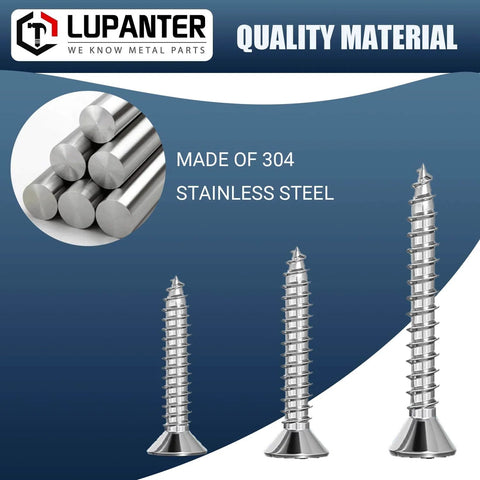 180-Piece Stainless Steel Wood Screws Set With Flat Head And Phillips Drive shown in 304 stainless steel quality
