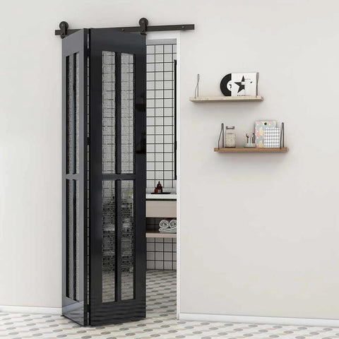 Installed Built Tough Heavy Duty Bi Folding Sliding Barn Door Hardware Kit For Two Doors, 3.3 Feet Track, Carbon Steel