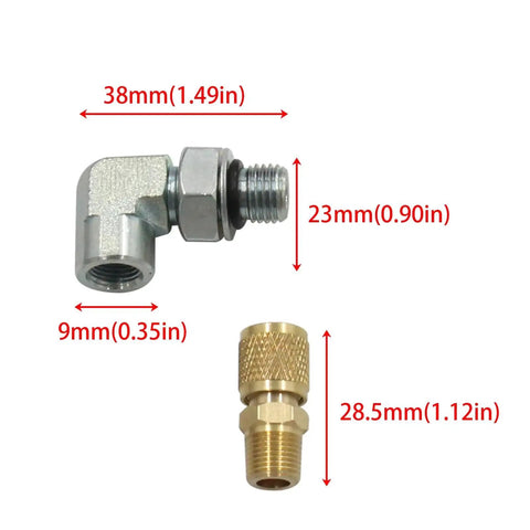 Ford Powerstroke 7.3 Fuel Pressure Test Port Adapter 1/8NPT With 90 Degree Elbow showing metal construction and dimensions
