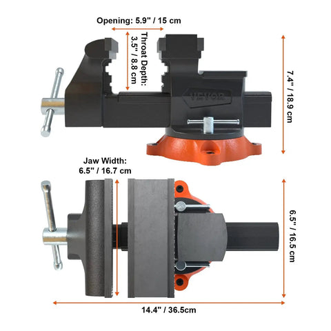 6.5 Inch Jaw Vise with 360 Degree Swivel Locking Base dimensions and features