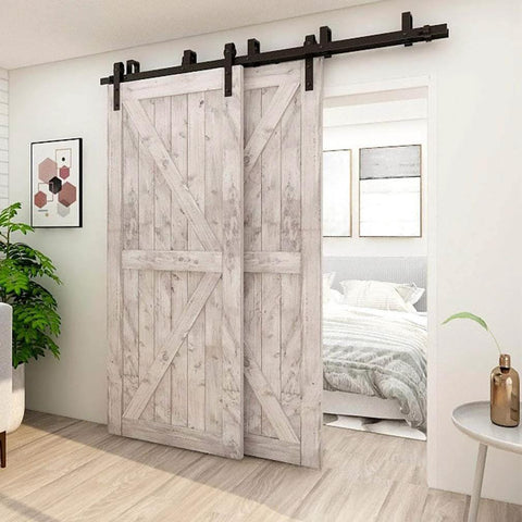 Heavy Duty Bypass Sliding Barn Door Hardware Kit For Low Ceiling Spaces, 12 Foot Double Track System Fits 72 Inch Wide Double Wooden Doors