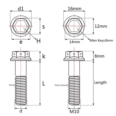 Technical diagram of Titanium Flange Hex Head Bolts M10 X 60mm with 1.25mm pitch, showing dimensions and specifications.