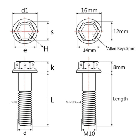 Technical drawing of Titanium Flange Hex Head Bolt M10x60mm Pitch 1.25mm Burnt Blue Grade 5 6AL4V Titanium Alloy Pack Of 4 Heavy Duty Screws.