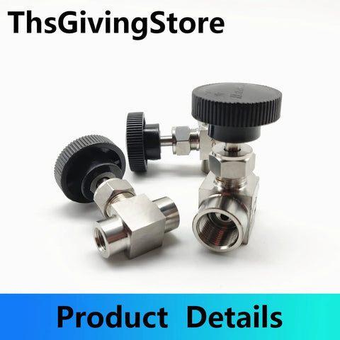 Pair of 304 stainless steel G female needle valves with black knurled knobs for precise flow control.