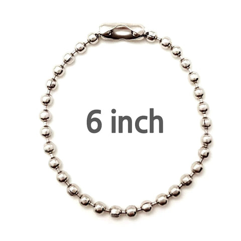 Close-up of a 6-inch 2.3mm stainless steel ball chain with connector, ideal for ID badges, dog tags, keychains, and crafts.