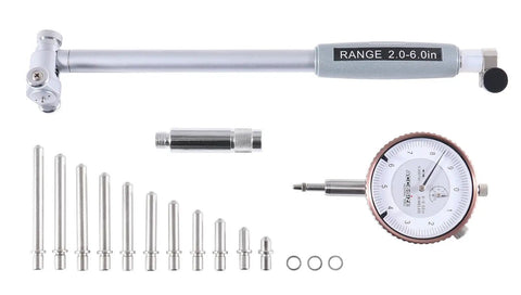 Dial Bore Gauge Set With 2 To 6 Inch Range And 6 Inch Stem 0.0001 Inch Graduation Accurate To Plus Or Minus 0.0004 Inch Includes Extension Holder And Case Chrome Plated Handle Insulated Self Centering, featuring gauge, probes, and fittings.