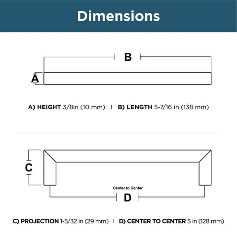 Dimensions diagram for matte black cabinet handles, showing 5-1/16 inch center to center, 138mm length, 10mm height, 29mm projection.