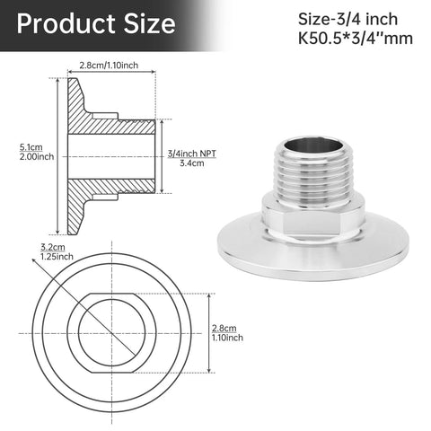 1.5-inch tri-clamp to 3/4-inch NPT male 304 stainless steel sanitary fitting for brewery, dairy and homebrew systems