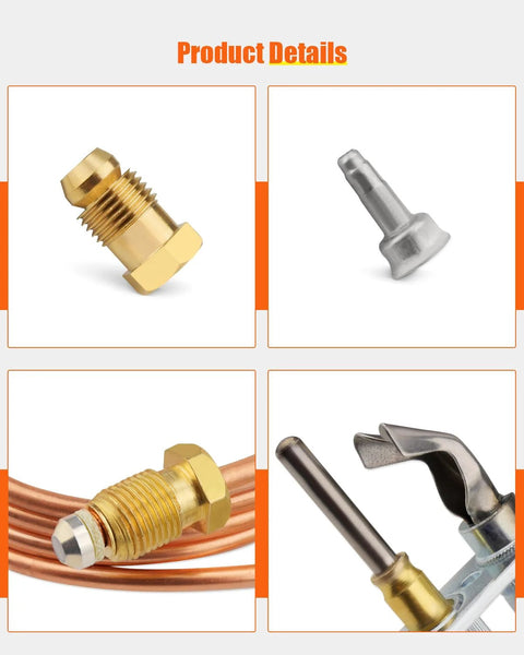 Urnqowuy Q314A4586 pilot burner brass fitting front view with threaded end and hex nut
Urnqowuy Q314A4586 pilot burner thermocouple tip side view in silver metal
Urnqowuy Q314A4586 copper pilot burner tube with brass compression fitting close-up
Urnqowuy Q314A4586 ignition lever and mounting hardware installed view