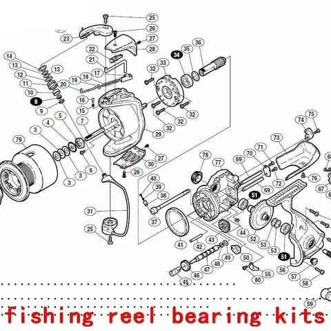 Diagram showing Four Piece Fishing Reel Bearing Kit For Ultegra 6000PG And 8000PG 02 Ultegra Model Includes 8x1 34x1 51x2 bearings