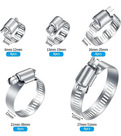 20Pcs Adjustable Stainless Steel Hose Clamps Assortment Kit For One Quarter Inch To Two Inch Clamps 6 To 51 Mm Worm Gear Pipe Clips