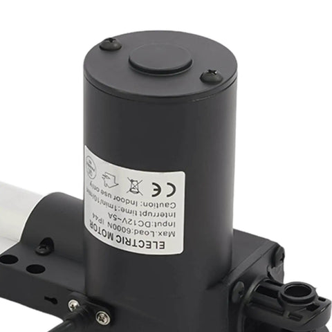 Close-up of Beefy 6000N IP44 Linear Actuator With Nineteen Point Six Nine Inch Stroke 12V DC 5A motor black casing