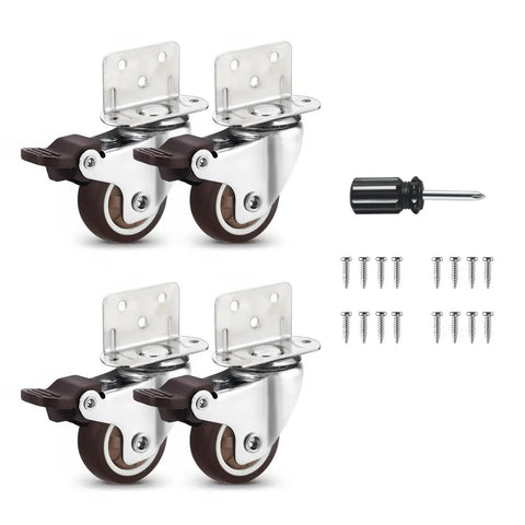 1.5 Inch Swivel Plate TPE Caster Wheels Pack Of 4 With Brake Low Profile L Bracket Casters and screws for crib table shelf TV stand.