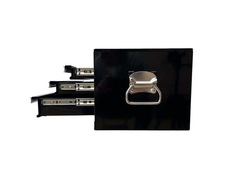 Side view of a Three Drawer Portable Metal Tool Chest With Locking Cam 26 Inch Mid Size Cabinet Ball Bearing Drawer Slides open in black