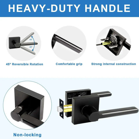 Detailed view of 8 Pack Black Heavy Duty Passage Door Levers For Closets Hallways And Conference Rooms Non Locking Square Interior Door Handles with reversible feature.