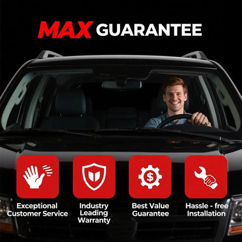 Driver smiling inside vehicle with text promoting max guarantee, exceptional service, warranty, value, and hassle-free installation.