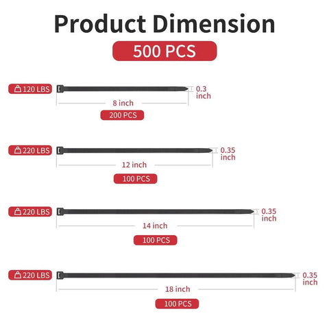 Heavy Duty Zip Ties 500 Pack Black Cable Ties In 8, 12, 14, 18 Inch Sizes, Ultra Strong 220 Lb Tensile Strength, Industrial Tie Wrap