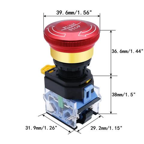 Beefy Metal Latching Emergency Stop Push Button Switch 22mm Panel Mount Aluminum Alloy Construction dimensions diagram