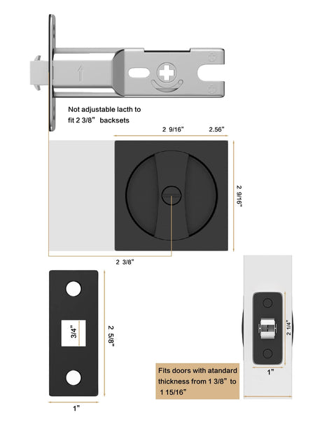 Matte Black Pocket Door Hardware Kit With Privacy Lock For Sliding Doors, Sleek Modern Square Pocket Door Lock And Latch, dimensions shown