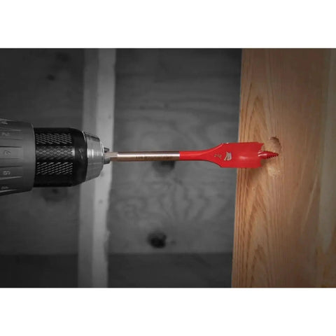 SPEEDemon Spade Bit Set 9-Piece For Clean Holes In Wood With Angled Spur Cutting Edge Includes 1/4 3/8 1/2 9/16 5/8 11/16 3/4 7/8 And 1 Inch Bits Maximum Performance In Cordless And Corded Impact Drivers Diablo By Freud being used in a drill for wood cutting