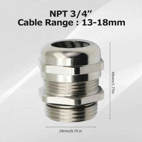 NPT Three Quarter Inch Nickel Plated Brass Waterproof Cable Glands with 13-18mm range, IP68 rated, corrosion resistant.