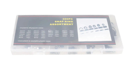 Heavy Duty External Retaining Ring Snap Ring Assortment Kit 300Pcs 18 Sizes in a transparent case, black circlips visible