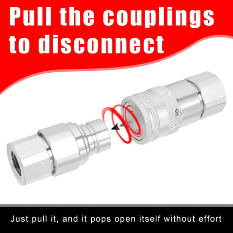 Two Hoqqf 1/2 in NPT flat-face hydraulic quick-connect fittings with dust covers, silver metal, ISO 16028