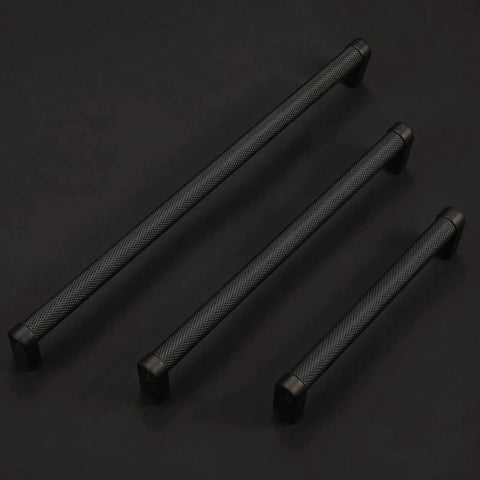 10 Pack 5 Inch Matte Black Knurled Cabinet Pulls For Cabinets And Drawers, shown in three different sizes on a black background