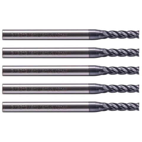 Pro Grade Solid Carbide End Mill Set Five Pcs Four Flute Three Thirty Second Inch Cutting Diameter Shank One Eighth Inch LOC One And Half Inch OAL AlTiN Coated 35 Deg Helix Square End Mills Alloy Steel Hardened Steel Iron Copper