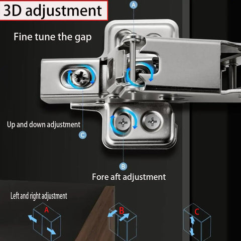 Close-up of adjustable metal component of 4 Piece 180 Degree And 175 Degree Large Angle Soft Close Frameless Cabinet Hinges Set with settings.