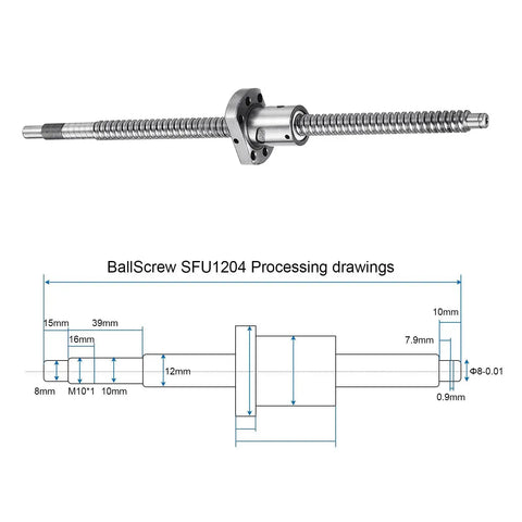 SFU1204 Ball Screw Kit 300Mm Long 12Mm Dia 4Mm Lead With Nut Anti Backlash, diagram and specifications for CNC Machines