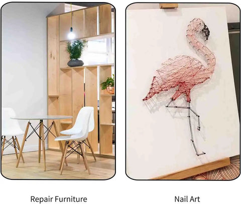Two images side by side: left shows a modern dining area with wooden shelves and right displays flamingo nail art using gold plated carbon steel tiny nails.