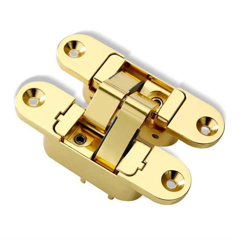Close-up of gold Two Pack Three-Dimensional Invisible Door Hinges For Wooden Doors Gold Left Swing 180 Degree Inside And Outside Open Rust Resistant Smooth Quiet Durable Heavy Duty, mild steel.