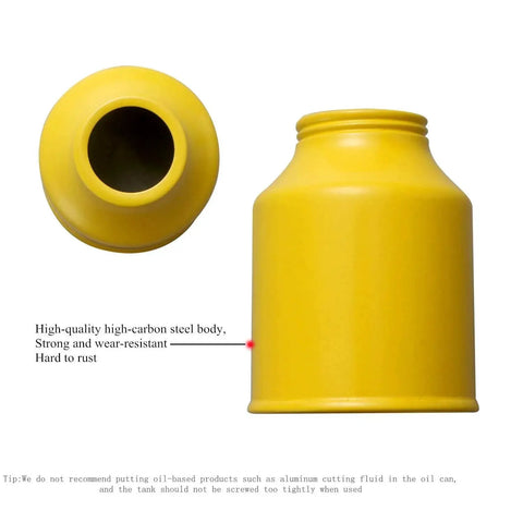 Durable Yellow Metal Oiler Can With Dual Spouts And Built In Pump 8oz 250ml shown disassembled with top and body visible.