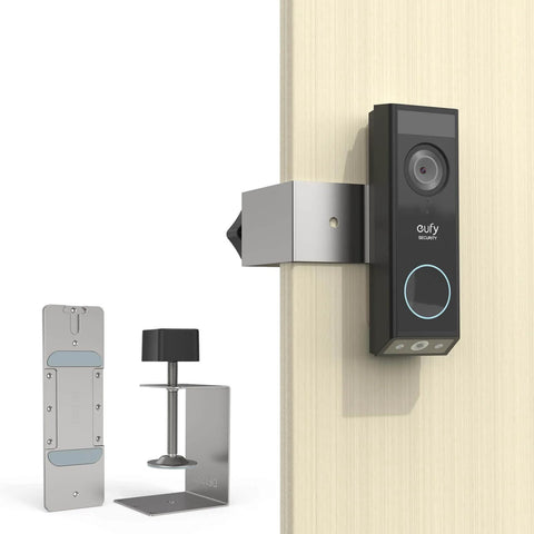 Anti-Theft Doorbell Mount for Eufy E340 Security Video Doorbell No-Drill Installation shown on a beige door with L-shaped hook