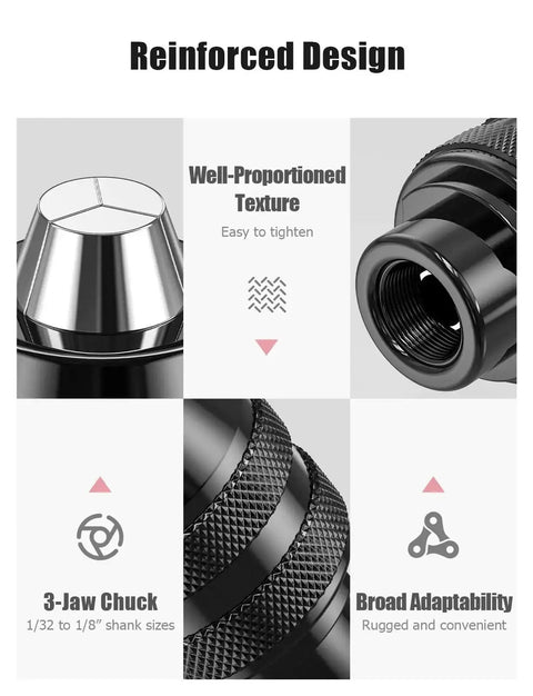 Infographic highlighting features of Keyless Drill Chuck Collet Set For Rotary Tools 14 Piece 1 Thirty Second To One Eighth Inch Shank