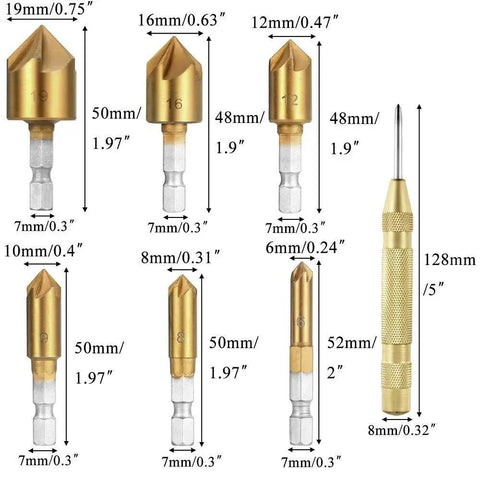 All In One Woodworking Chamfer Drill Bit Set Featuring Rocaris 23 Piece Kit with quarter inch hex shank and size details.