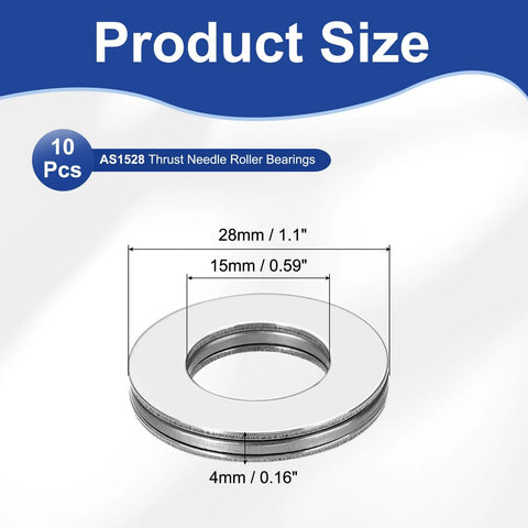 Top view of AXK1528 thrust needle roller bearings, 15x28x4 mm, 10 pcs, chromium steel with washers, silver