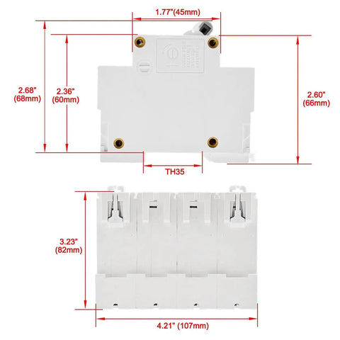 DC 4 Pole Photovoltaic Miniature Circuit Breaker 80A 1000V DC Type D, 8kA Breaking Capacity, 35mm DIN Rail Mount dimensions