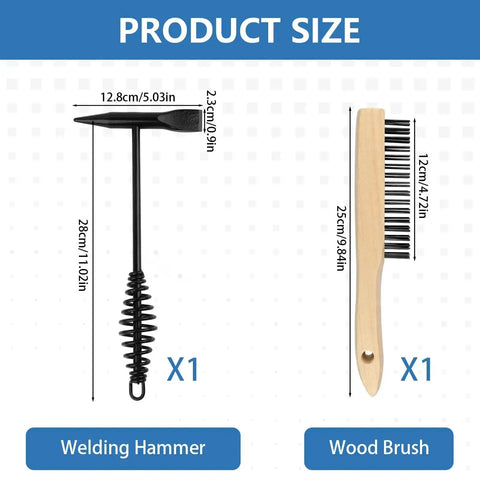Two Pack Welding Chipping Hammer And Wire Brush Set With 11 Inch Coil Spring Handle Cone And Vertical Chisel And 9.8 Inch Stainless Brush